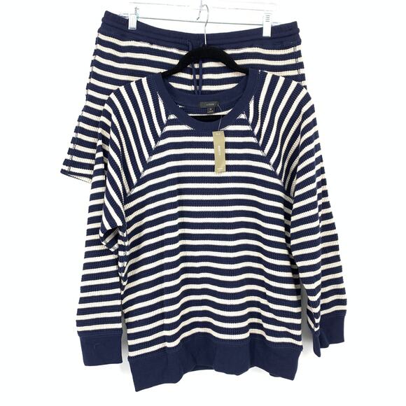 J.Crew Waffle Knit Lounge Set Sweatshirt + Short Womens M Blue Cream Stripe NEW - Picture 1 of 15